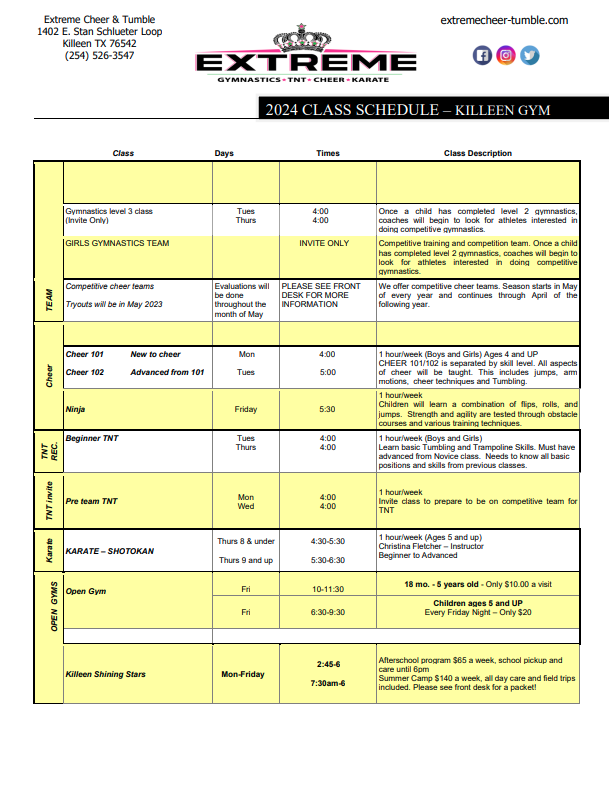 Class Schedule Killeen Extreme Cheer Tumble