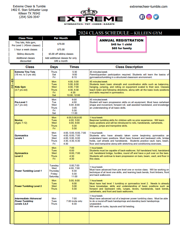 Class Schedule Killeen Extreme Cheer & Tumble